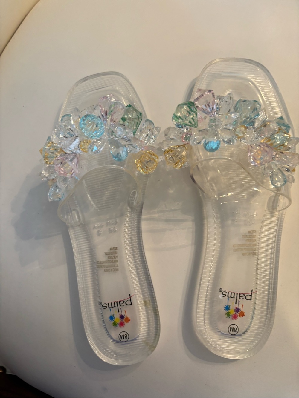 NWOT Palms Clear Jelly Slide Sandals with Colorful Beaded Embellishments.
